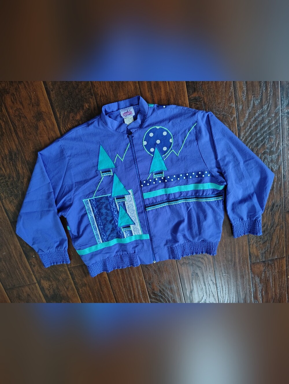 Vintage 80s Southern Stitches blue kitschy geometric zipper jacket size XL